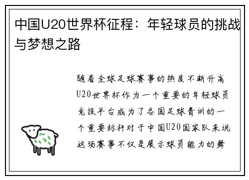 中国U20世界杯征程：年轻球员的挑战与梦想之路