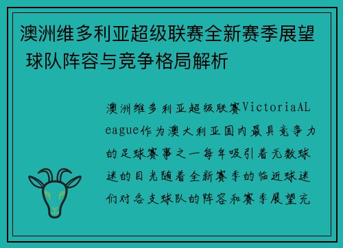 澳洲维多利亚超级联赛全新赛季展望 球队阵容与竞争格局解析